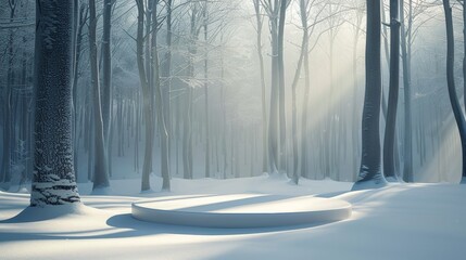 Wall Mural - snowy forest scene with sunlight filtering through the trees, creating a warm and serene winter land