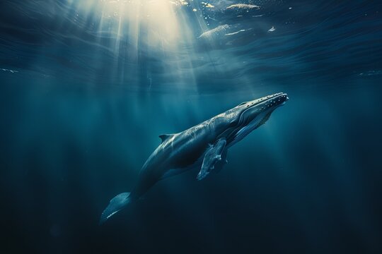 A majestic whale swims gracefully underwater, illuminated by rays of sunlight penetrating the ocean's surface. Marine wildlife photography.