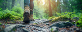 Close-up of person feet hiking in the woods.