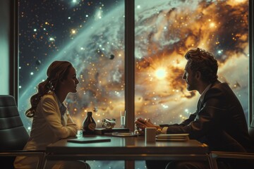 Wall Mural - Two people are sitting in chairs in front of a window with a space scene