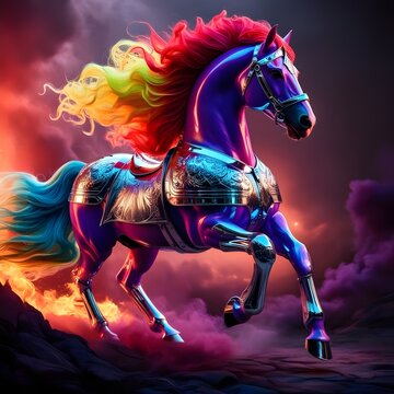 A fluorescent red, yellow, blue, and green-maned stallion. The horse stands with immense power and grace, adorned in intricate latex chrome armor that glistens under dramatic lighting.