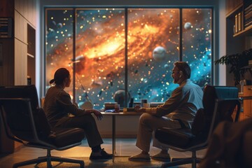 Wall Mural - Two people are sitting in chairs in front of a window with a space scene