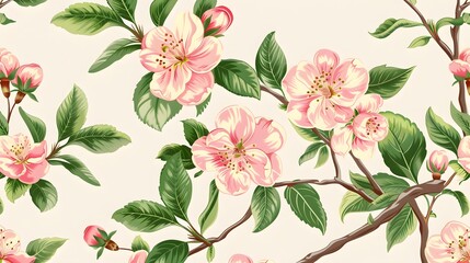 Wall Mural - Blooming Peach Branch and leaves seamless pattern. Vector illustration in trendy retro style