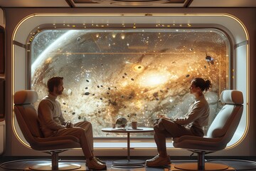 Wall Mural - Two people are sitting in chairs in front of a window with a space scene