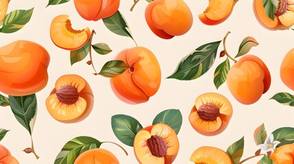 Wall Mural - Peach or apricot branch seamless pattern. Hand drawn fruit and sliced pieces. Summer tropical blooming background. Vector fruit design for label, fabric, packaging. Seamless surface design.