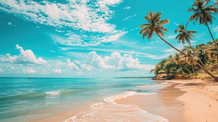 Wall Mural - Beautiful tropical beach with white sand, palm trees, turquoise ocean against blue sky with clouds on sunny summer day. Perfect landscape background AI generated