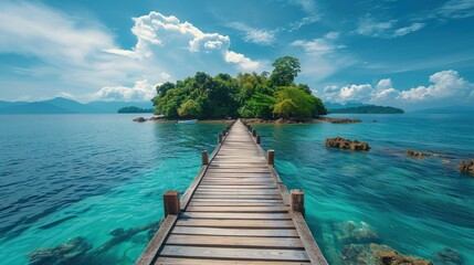 Wall Mural - Beautiful tropical landscape background, concept for summer travel and vacation. Wooden pier to an island in ocean against blue sky with white clouds AI generated