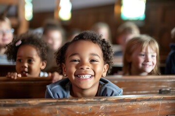 Sticker - Smiling Girl in Church Pews
