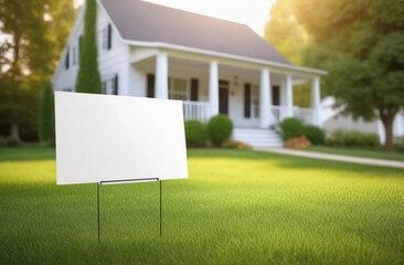 Blank yard sign in green grass on the house background. Yard sign mockup