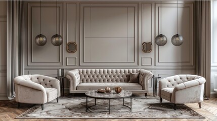 Wall Mural - Beige living room interior with a sofa, armchairs, two coffee tables, on trend pendant lights, classic wall moulding and a rug on the parquet floor. AI generated