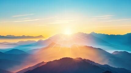 Wall Mural - Sunrise over rolling mountain peaks, misty valleys, vibrant horizon, clear blue sky