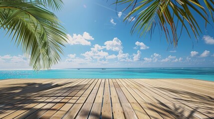 Wall Mural - Wooden deck overlooking a serene tropical beach with palm fronds and clear blue skies