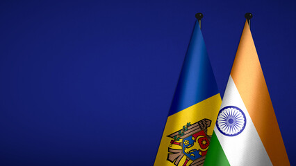 Wall Mural - 3D rendering of two flag from Republic of Moldova and Republic of India on flagpoles with Blue background for diplomatic. bilateral relations. peace and conflict between countries. Fabric