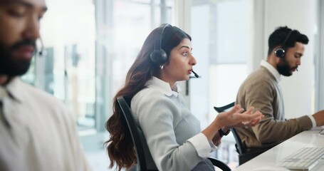 Poster - Woman, help and consultant in office for customer service or crm call center for b2b networking. Telemarketing, sales and contact us for virtual technical support, chat or advice for problem solving