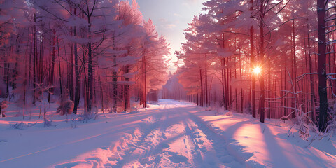 Snowcovered trees under the sun in a stunning natural landscape