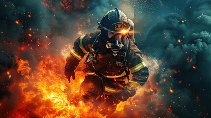 A firefighter is shown in a burning building with smoke and fire.