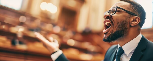 A lawyer arguing passionately for justice in a courtroom