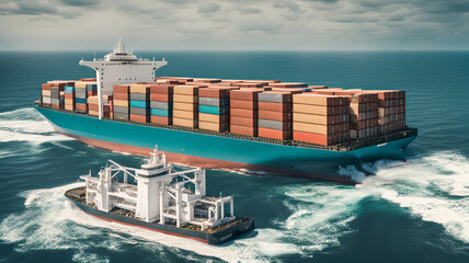 cargo ship with stacks of containers, traveling in the middle of the beautiful ocean