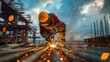 © FoxGrafy - Worker welding steel on a construction site, sparks flying, protective gear, focused task