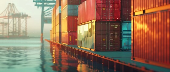 Wall Mural - Shipping containers stacked on a cargo vessel, port background, evening light, copy space