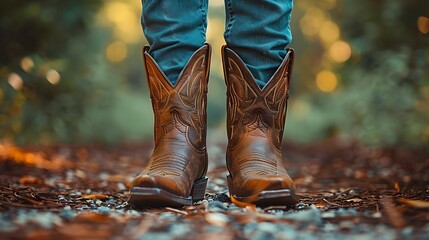  A pair of cowboy boots being worn by a person walking on a path.