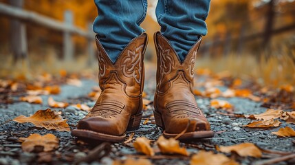 Wall Mural - A pair of brown cowboy boots with pointed toes and decorative stitching, worn by a person standing on a road with fallen leaves around.