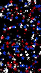 Wall Mural - Red, white, and blue stars floating black background for USA celebrations like 4th of July, Memorial Day, Veteran's Day, or other patriotic US American holidays.