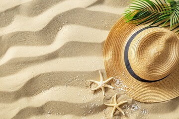 Flat lay vacation concept with hat sand and starfish