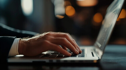 Poster - Close up of businessman hand typing on laptop