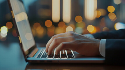 Poster - Close up of businessman hand typing on laptop