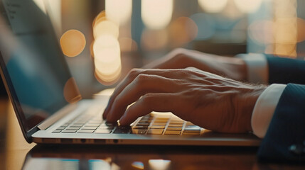 Poster - Close up of businessman hand typing on laptop