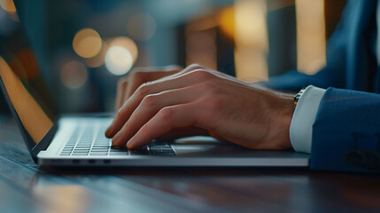 Poster - Close up of businessman hand typing on laptop