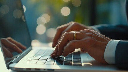Poster - Close up of businessman hand typing on laptop