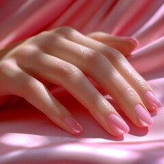 Closeup image of beautiful woman's hands with light pink manicure on the nails. Skin care for hands, manicure and beauty treatment. Elegant and graceful hands with slender graceful fingers