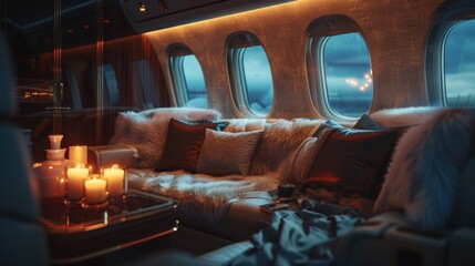 Wall Mural - Inside a luxury jet plane with a comfortable seat. Premium travel concept