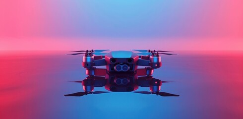 Futuristic drone flying in the air with blue and red background for technology and travel concept
