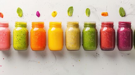 Wall Mural - A row of glass jars filled with different colored liquids, such as magenta, on a table, featuring a stylish fashion accessory with plant petal motifs AIG50