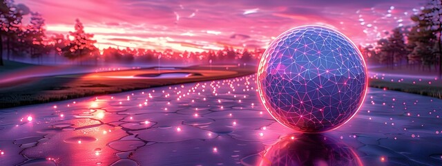 Poster - Avant Garde Holographic Golf Ball on Futuristic Course with Vibrant Sunset Backdrop