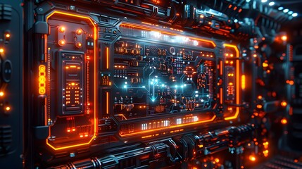 Poster - Quantum Core with Glowing Circuits and Levitating Control Panel   Minimalist 3D Rendered Synthwave