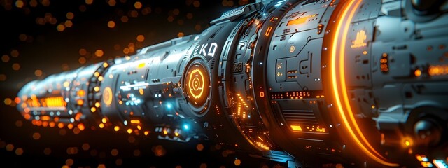 Poster - Sleek Metallic Autonomous Command Module with Pulsing Holographic Interface in Cinematic Dystopian