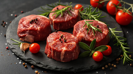 Fresh raw beef steaks with spices on dark background, top view. copy space for text stock photo contest winner, commercial photography.