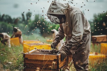 male beekeeper working in an apiary near beehives with bees. Beekeeping concept..no face close up.male beekeeper working in an apiary near beehives with bees. Beekeeping concept