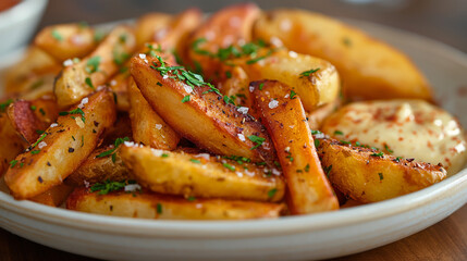 A close-up photograph of gourmet fries, elegantly arranged on a white ceramic plate with a sweeping curve. The fries are hand-cut, golden and crispy, lightly seasoned with sea salt and fresh herbs,