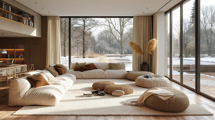 panorama, Nordic style, living room, with two thick Chenille curtains hanging from the large window.