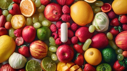 White vitamin pill surrounded by colorful fruits and vegetables, Healthcare and medicine concept