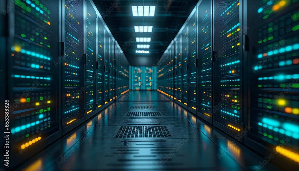 A corridor between server racks in a data center illuminated by blue ...