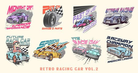 Retro racing car t shirt designs bundle, Classic car vector set, Vintagelassic car illustration collection for print.