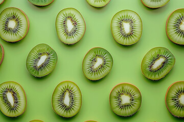 Healthy nutrition concept. Fresh cut slices of kiwi fruit isolated on willow green background. Arty wallpaper, pop-art poster style. Close up. Flat lay. Studio shot