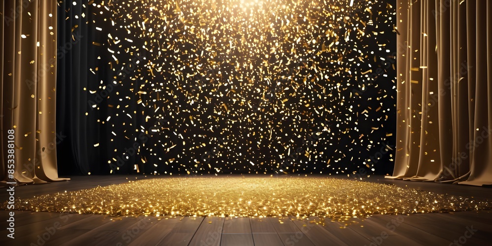 golden confetti rain on festive stage with light beam in the middle ...