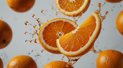 A juicy orange slice with water droplets, highlighting its vibrant color and refreshing look